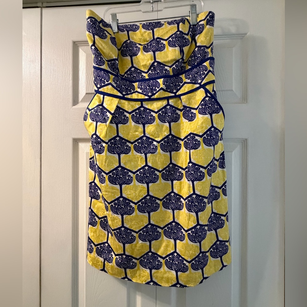 Jade Melody Tam Yellow & Navy Patterned Strapless Women's Dress Size S